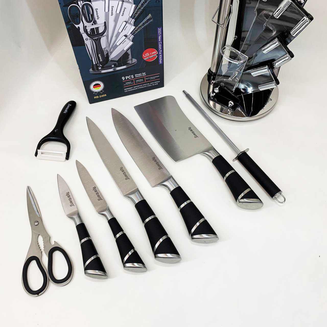 Набор кухонных ножей Rainberg RB-2499 8 предметов на вращающейся подставке Полосы