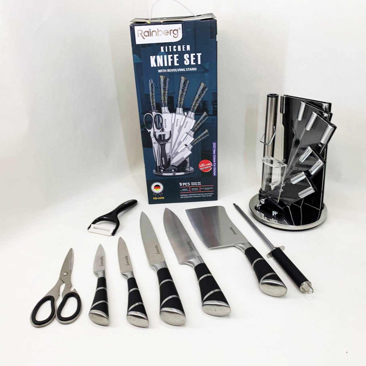 Набор кухонных ножей Rainberg RB-2499 8 предметов на вращающейся подставке Полосы