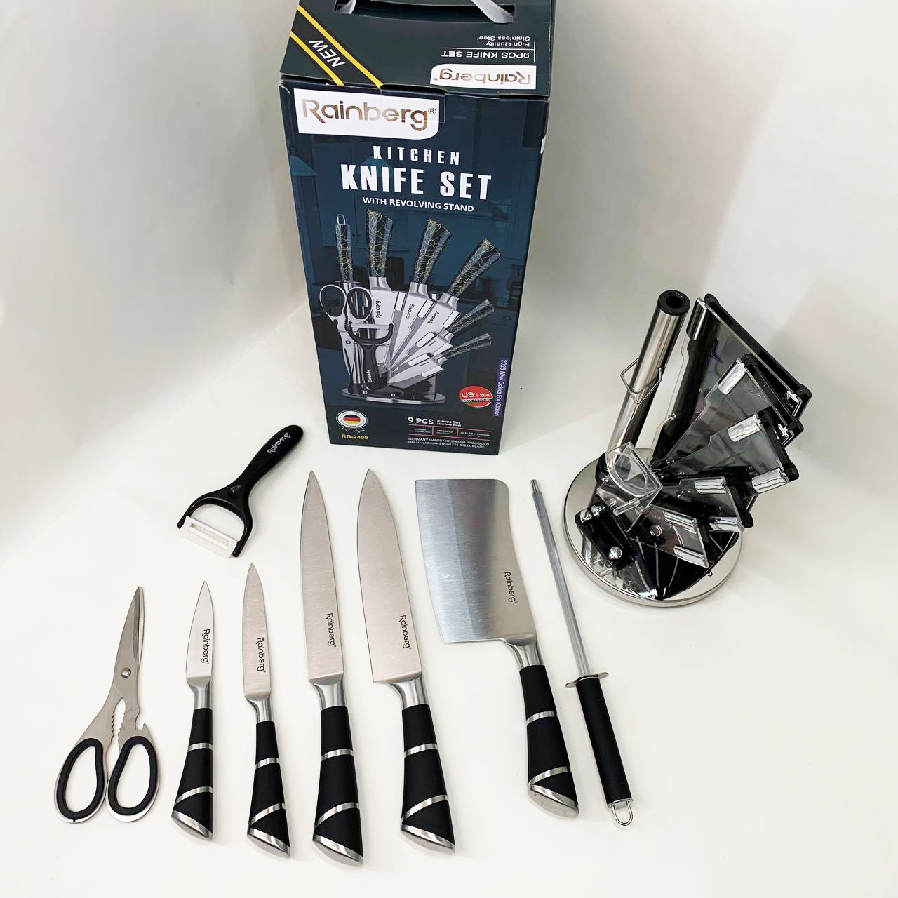 Набор кухонных ножей Rainberg RB-2499 8 предметов на вращающейся подставке Полосы