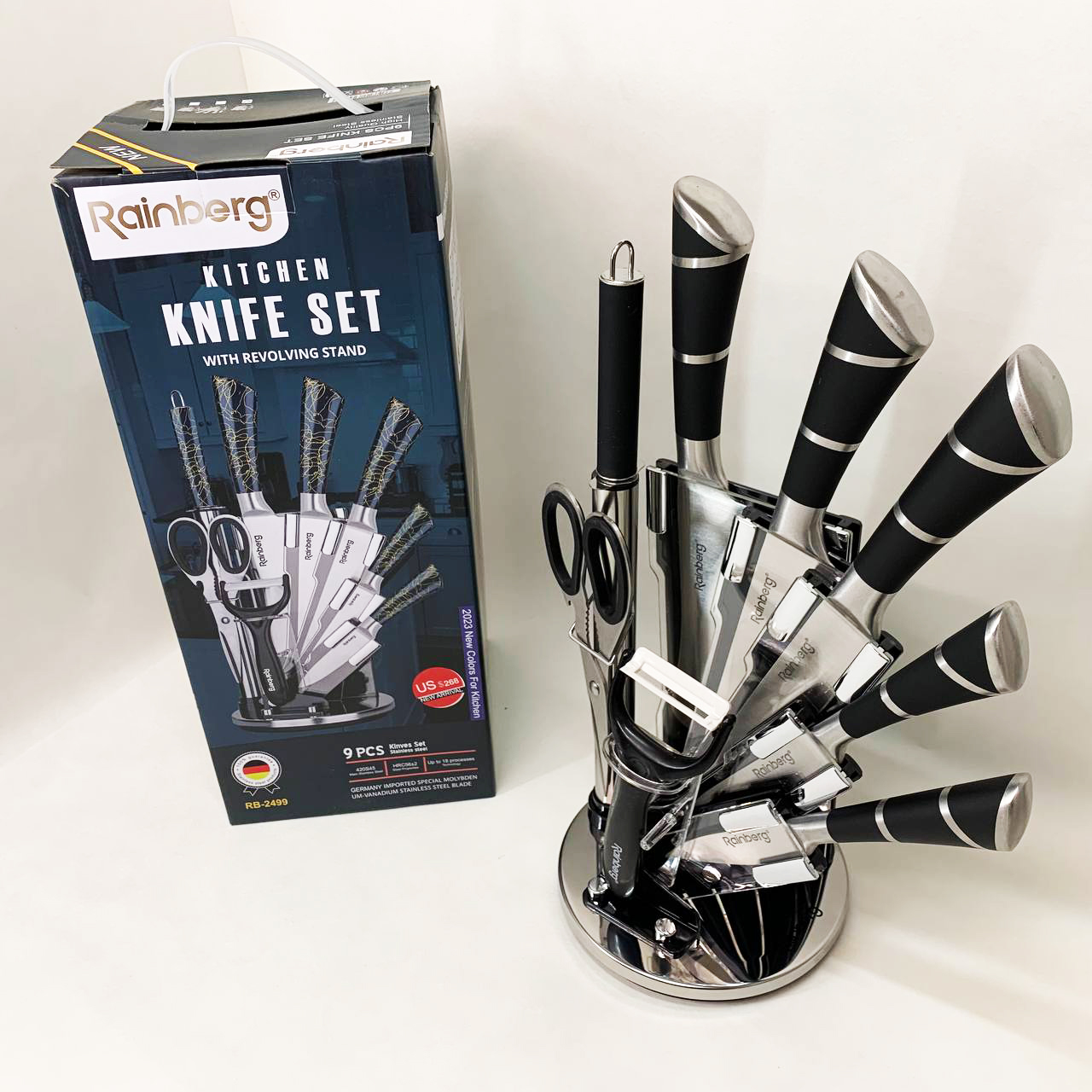 Набор кухонных ножей Rainberg RB-2499 8 предметов на вращающейся подставке Полосы