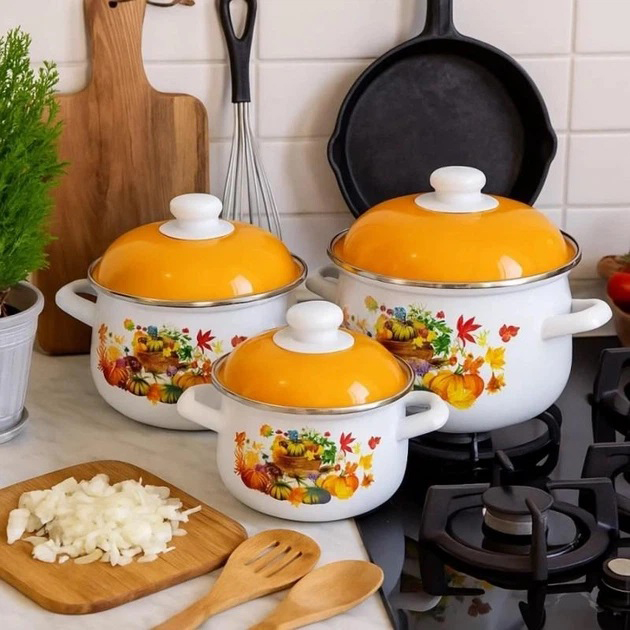 Набор эмалированных кастрюль Edenberg EB-1888 1.6/2.3/3.0 л с рисунком 3 шт. 6 предметов