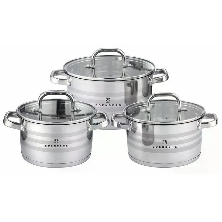 Набор посуды из нержавеющей стали Edenberg EB-3741 со стеклянными крышками 6 предметов