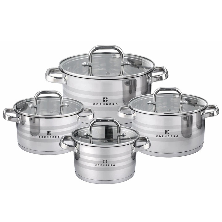 Набор посуды из нержавеющей стали Edenberg со стеклянными крышками 8 предметов