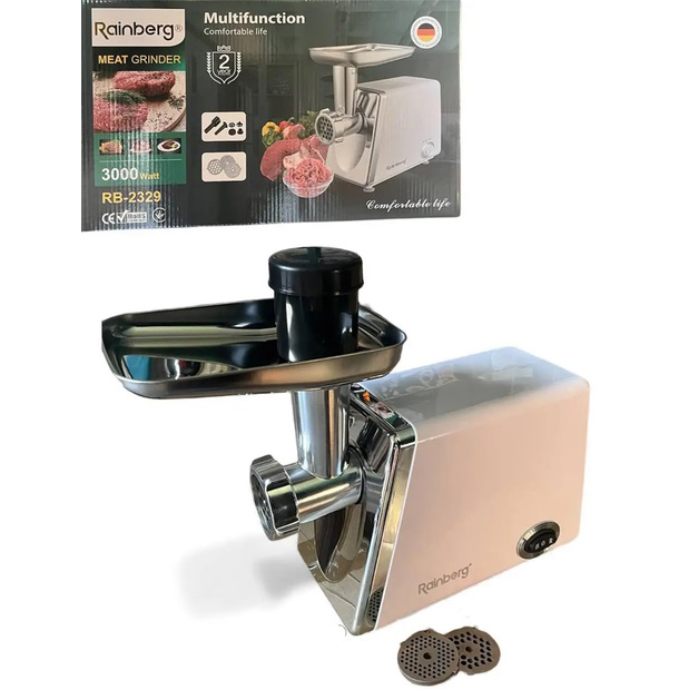 Мясорубка электрическая Rainberg RB-2329 с насадками для колбас кеббе Электромясорубка с реверсом 3000Вт