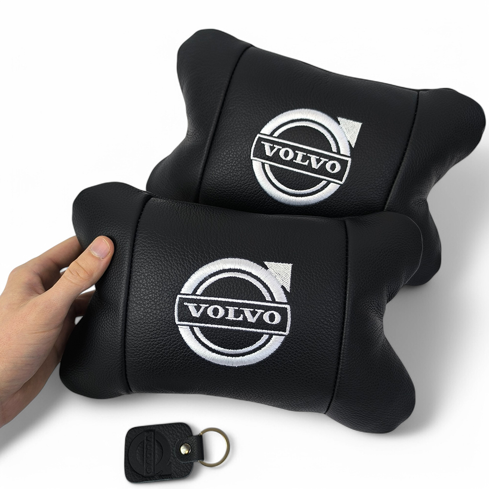 Набор кожаных подушек Volvo + брелок в подарок, Автоподушки Volvo с вышивкой