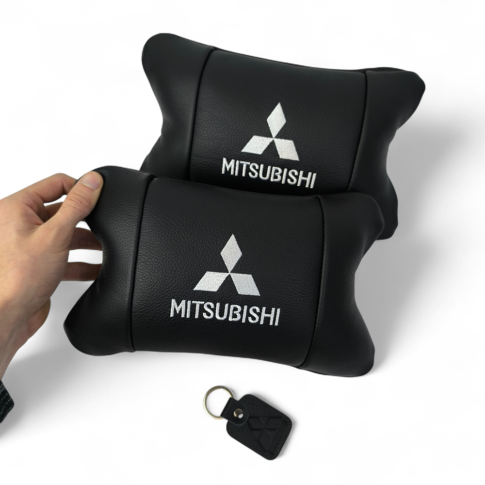 Подушки Mitsubishi из натуральной кожи, Автоподушки на подголовник + кожаный брелок с логотипом.