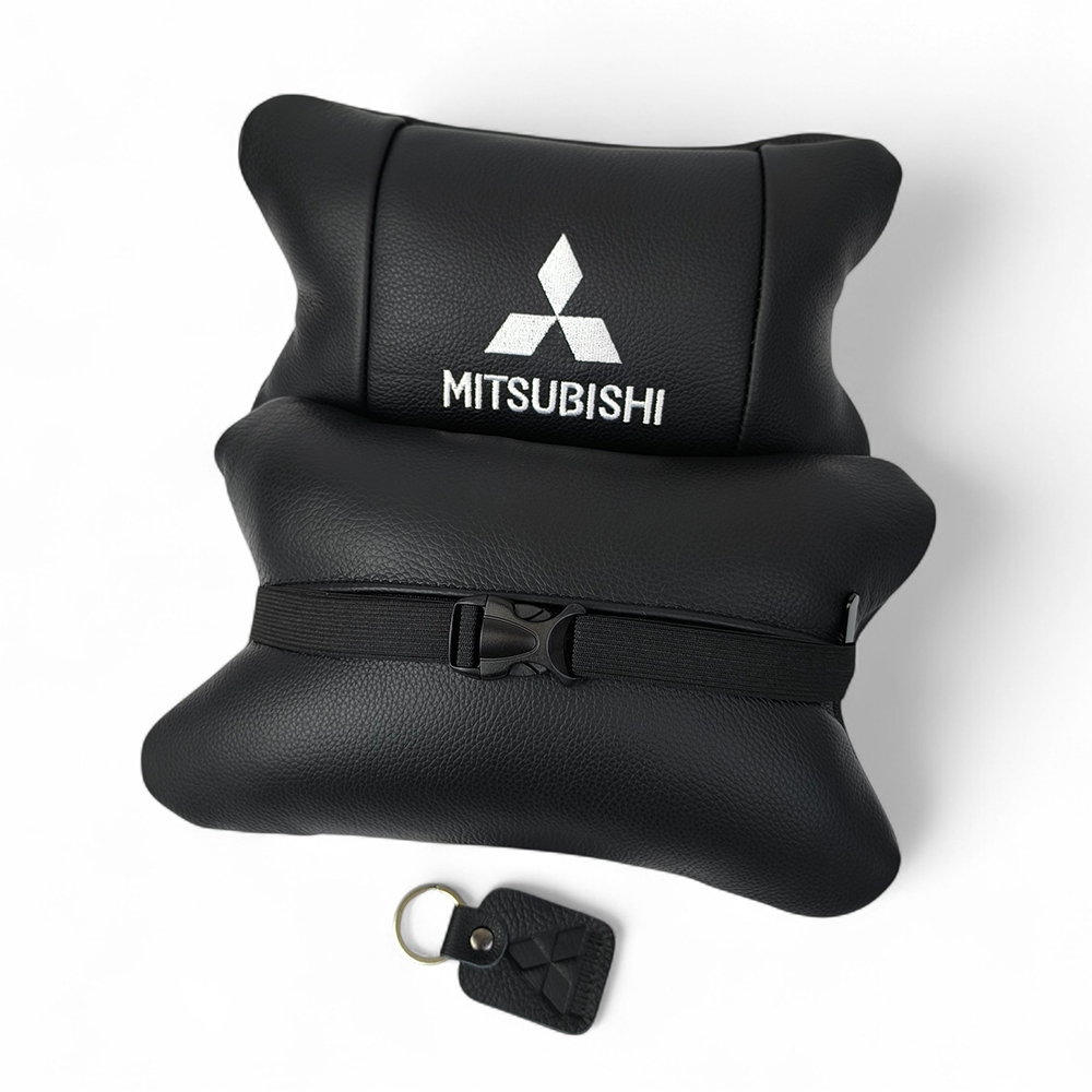 Подушки Mitsubishi из натуральной кожи, Автоподушки на подголовник + кожаный брелок с логотипом.