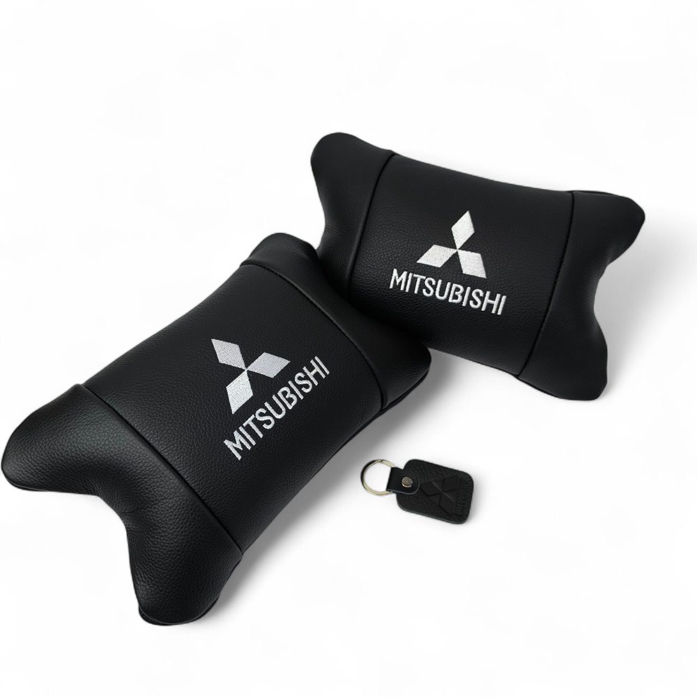 Подушки Mitsubishi из натуральной кожи, Автоподушки на подголовник + кожаный брелок с логотипом.