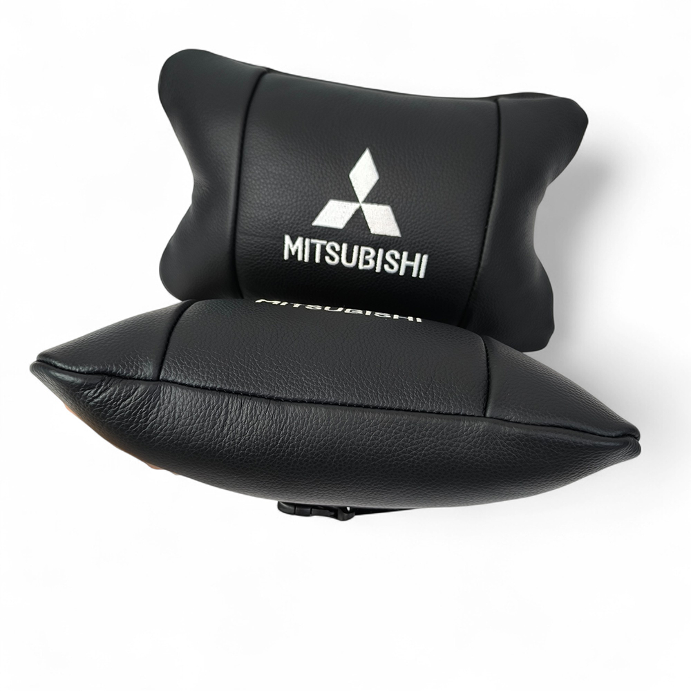 Подушки Mitsubishi из натуральной кожи, Автоподушки на подголовник + кожаный брелок с логотипом.