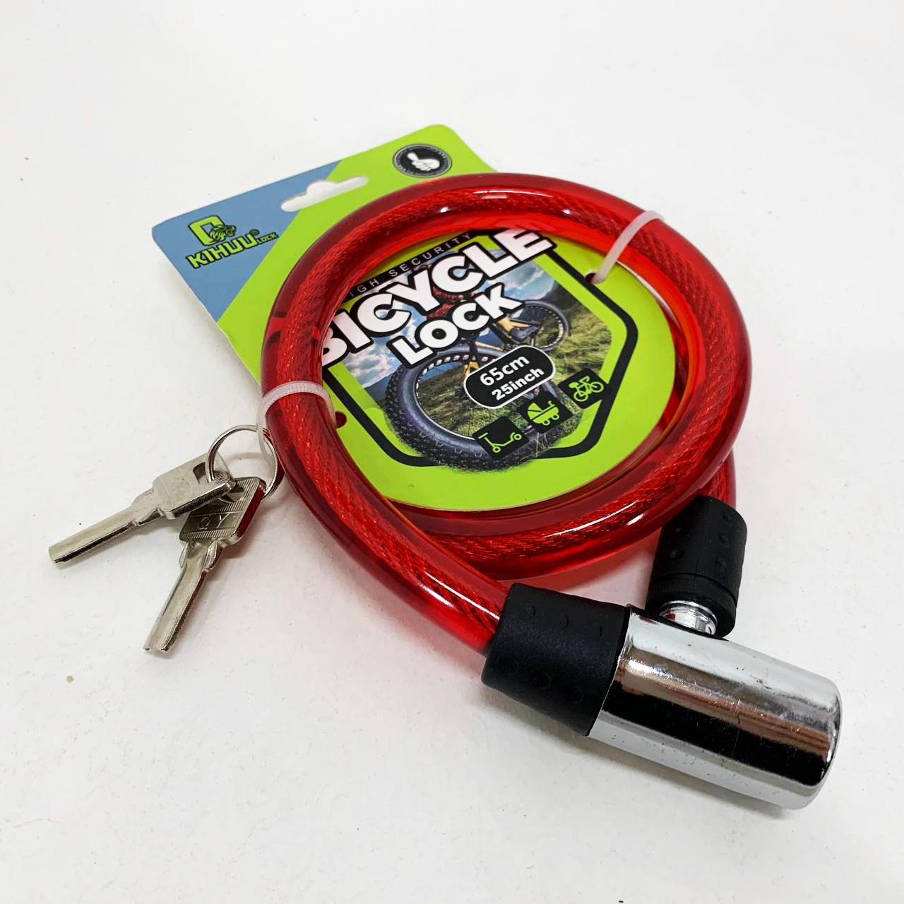 Замок велосипедный KIHUU LOCK 185, 15*65 тросовый, 2 ключа. Цвет: красный