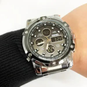 Часы наручные мужские SKMEI 1389SIBK SILVER-BLACK, модные мужские часы. Цвет: серебряный + черный