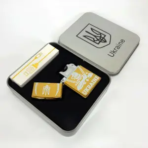 Дуговая электроимпульсная USB зажигалка Украина (металлическая коробка) HL-449. Цвет: золотой