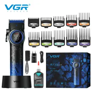 Профессиональная машинка для стрижки волос VGR V-001 BLUE с дисплеем 9000 об/мин и 10 насадками 1,5-24 мм
