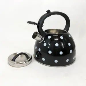 Чайник с свистком для газовой плиты Unique UN-5301 2,5л горошек, красивый чайник. Цвет: черный