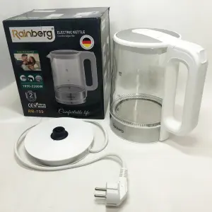 Дисковый электрический чайник Rainberg RB-709 стеклянный с подсветкой, чайник електро. Цвет: белый